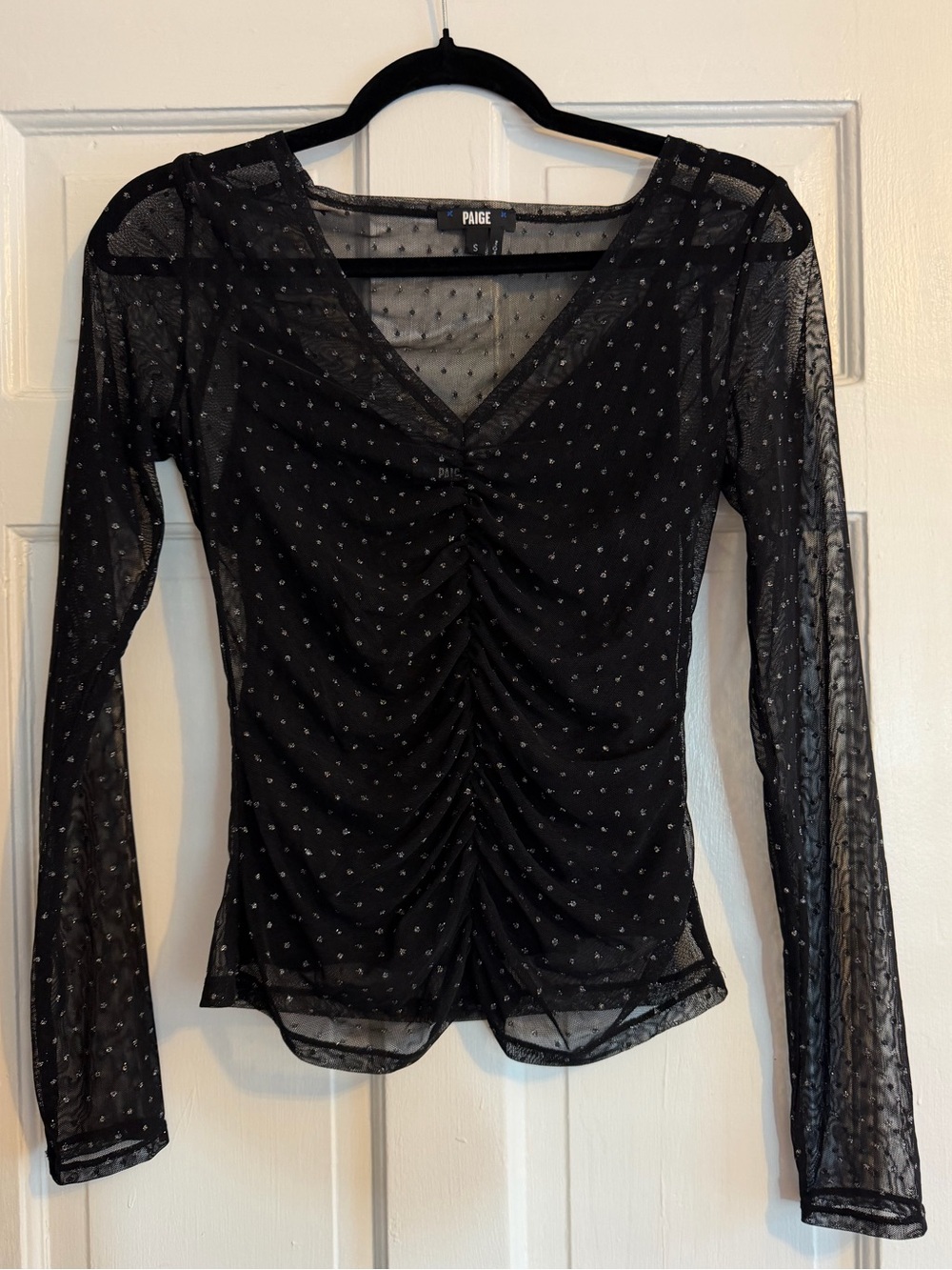 Paige Meena Black Sheer Ruched V-Neck Long Sleeve Top w Silver Dots, Small